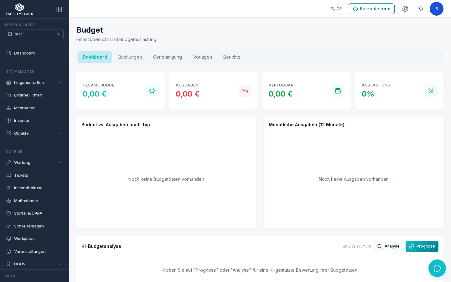 Budgetbereich in FacilityStack mit Gesamtbudget, Ausgaben, verfügbarem Betrag und Auslastung sowie Reitern für Buchungen, Genehmigung, Vorlagen und Berichte