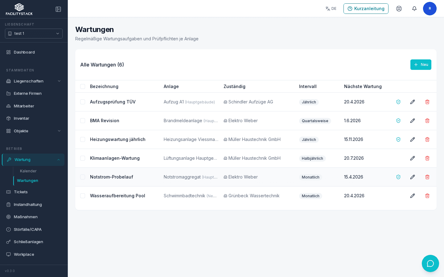 Liste der Wartungen in FacilityStack mit Bezeichnung, Anlage, zuständiger Firma, Intervall und Datum der nächsten Wartung